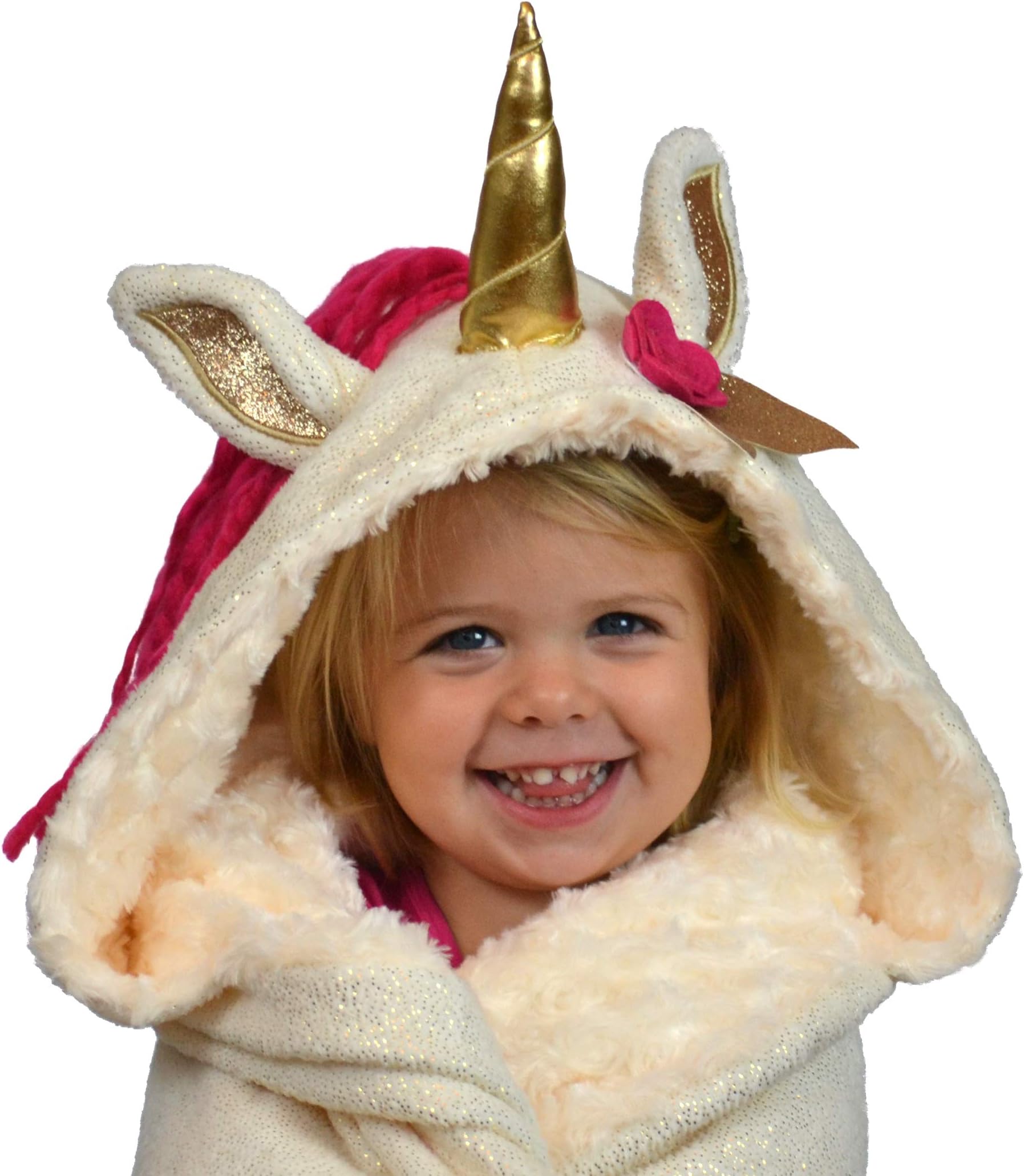 Hooded Unicorn Throw Blanket, Perfect for Little Girls of All Ages - Large 66x42 Size for Kids, Tweens, and Adult Women, Gold Horn, Pink Mane, Soft Sparkly Fleece, Fuzzy Mink, Ruby Wrap