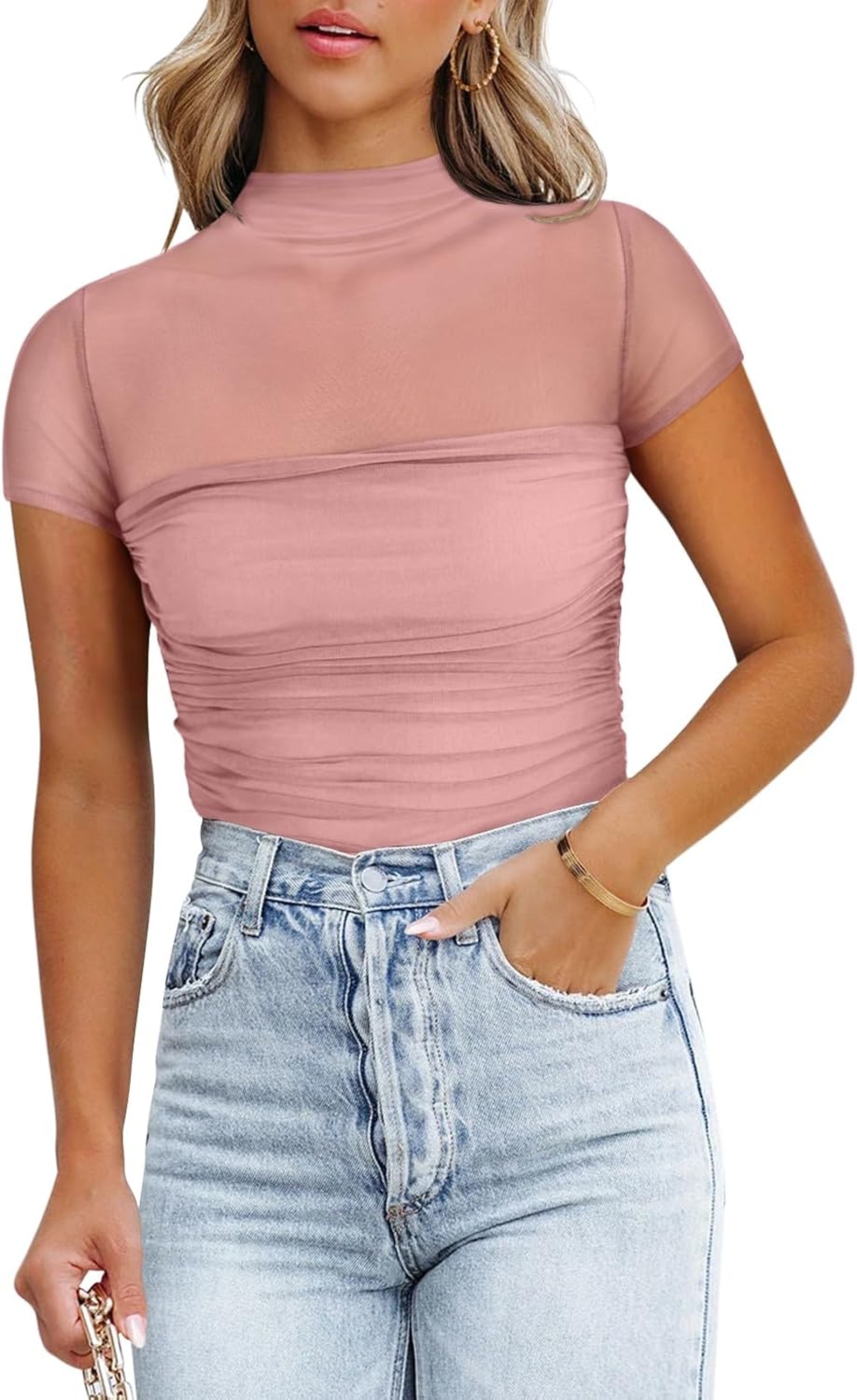 REORIA Women's Sexy Mock Turtle Neck Short Sleeve Shirts Sheer Mesh Ruched Trendy Going Out Bodysuits Tops - Image 3