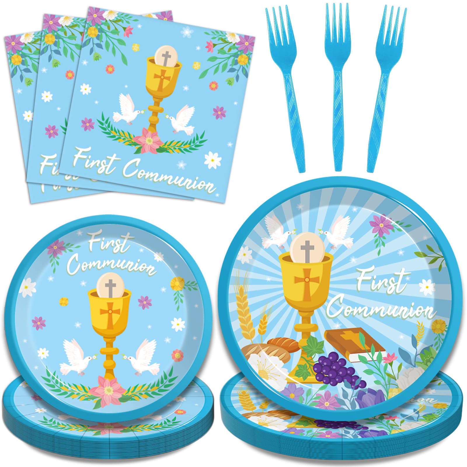 Kepeel 96 Pcs Blue Baptism Plates and Napkins, First Holy Communion Party Decorations Supplies for Boys God Bless Christening Celebration Party Baby