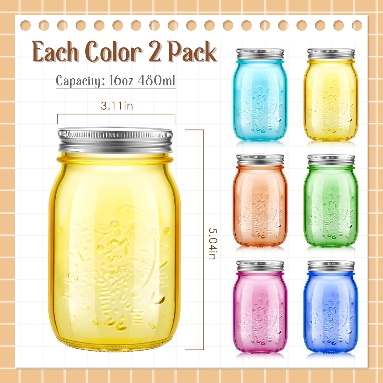 Tessco for you 12 Pcs Bulk Colored Mason Jars with Lids 16 oz Decorative Centerpieces Glass Pint Canning Containers Regular Mouth for Flower Food Storage Wedding Halloween Christmas DIY Crafts