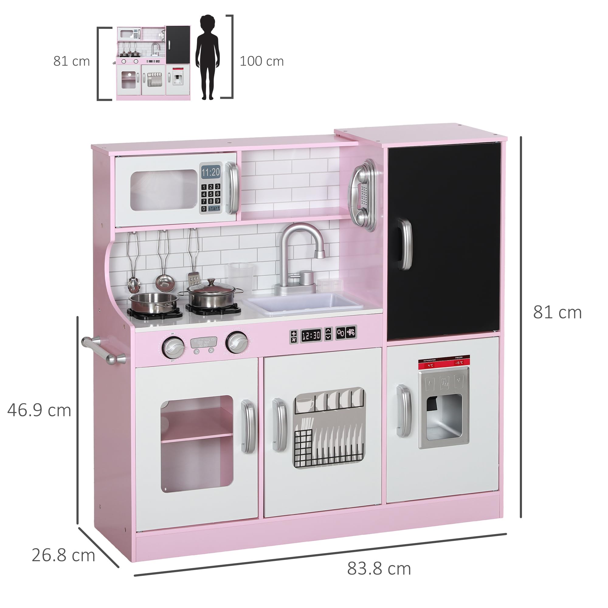 AIYAPLAY Cucina Giocattolo per Bambini, Cucina in Legno per Bambini, Cucinetta Giocattoli con Fornelli, Microonde, Macchina del Ghiaccio, Lavandino, Pentole e Accessori, 3-8 Anni, 84x27x81 cm, Rosa