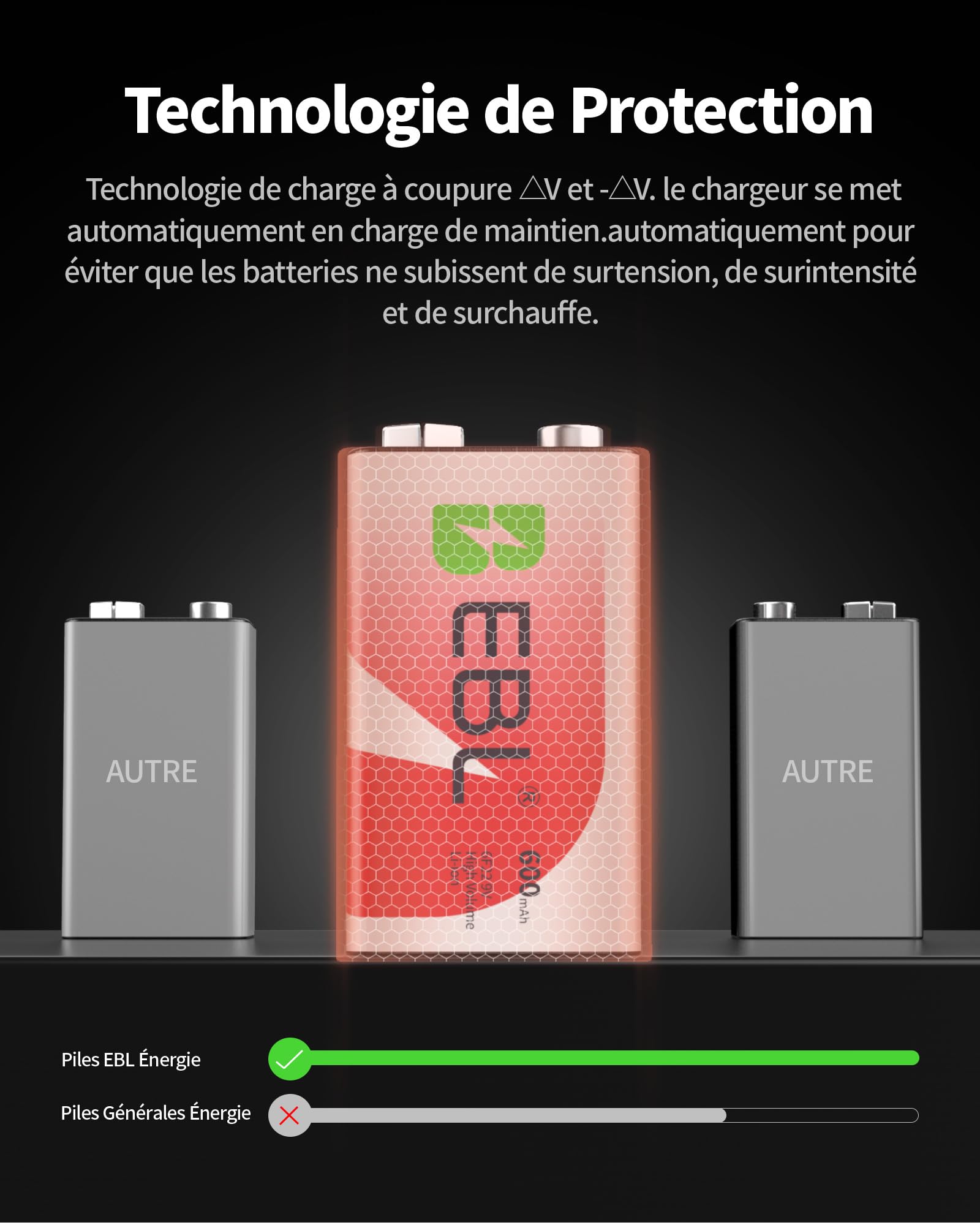 EBL Chargeur de Piles 9V Rechargeables (LCD Chargeur + 4 x 9V Piles)