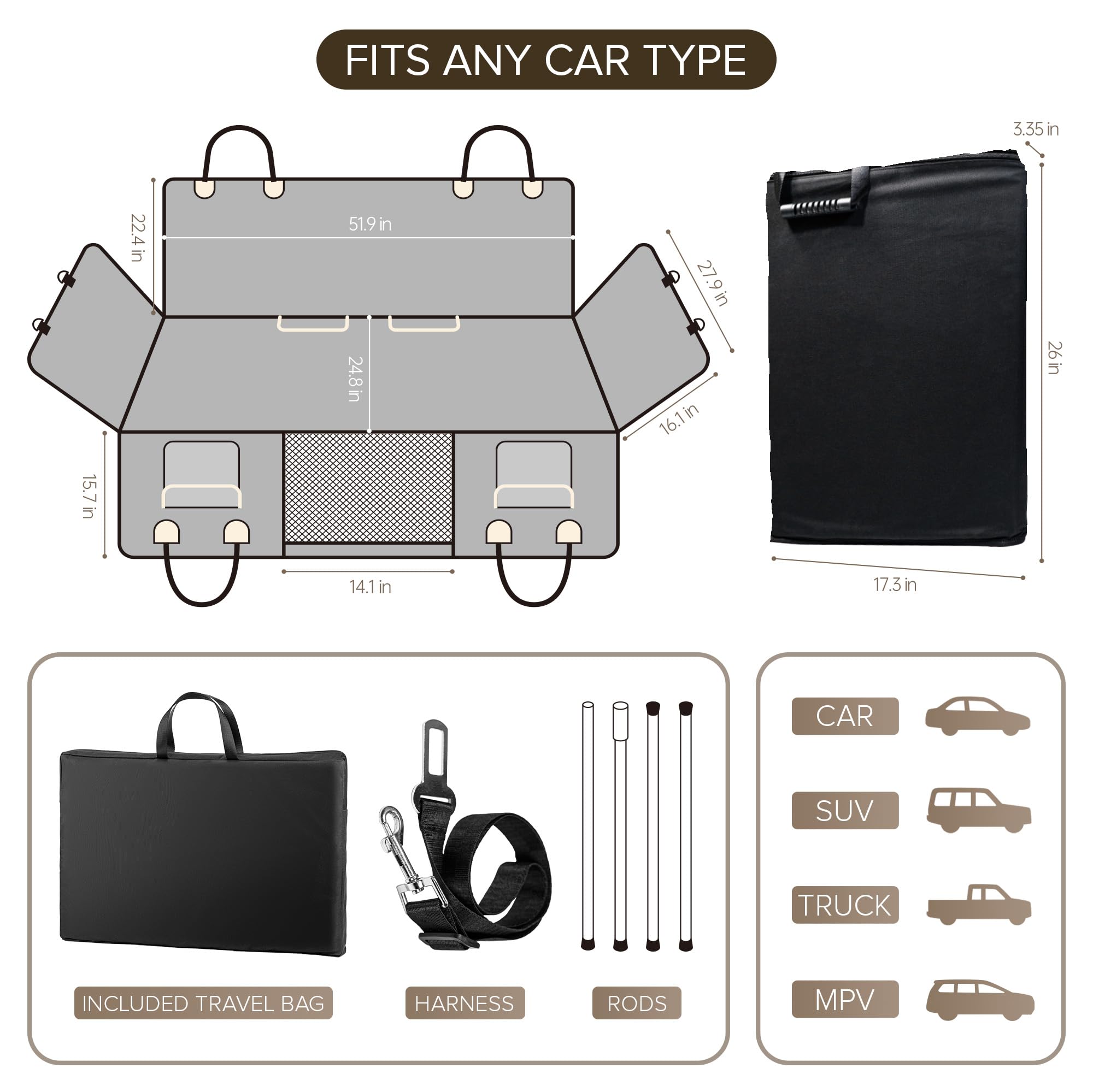 Extensor de asiento trasero para perros, soporte de varillas de PVC y funda de asiento de coche de parte inferior dura para perros, funda de asiento de coche resistente para asiento trasero, hamaca