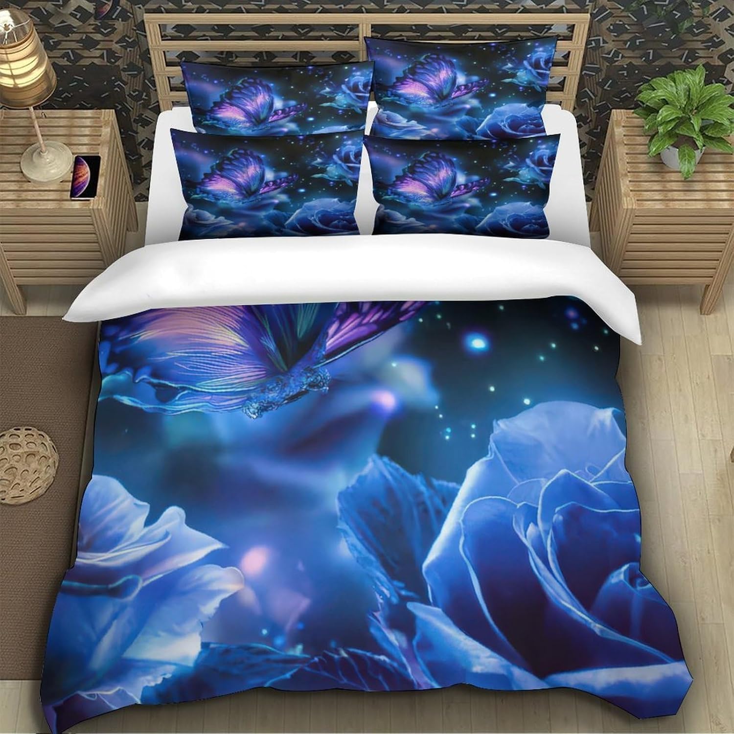 Funda Nordica Cama 135/150 Mariposa Ropa de Cama 3D Rosas Azules 3 Piezas Suave Transpirable Microfibra Funda Nórdica 240x220 cm y 2 Fundas de Almohada 50x75 cm C.2522