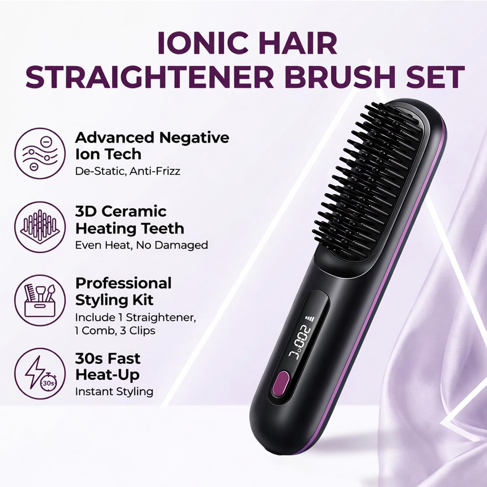 Cepillo Alisador Pelo Inalambrica, Escova Alisadora de Cabelo Iónico, Peine Alisador de Cabello Electrico Portátil, Recarga USB, con Pantalla LCD, 3 Modos Ajustable, 160-200°C, Mini Plancha Pelo — view 7