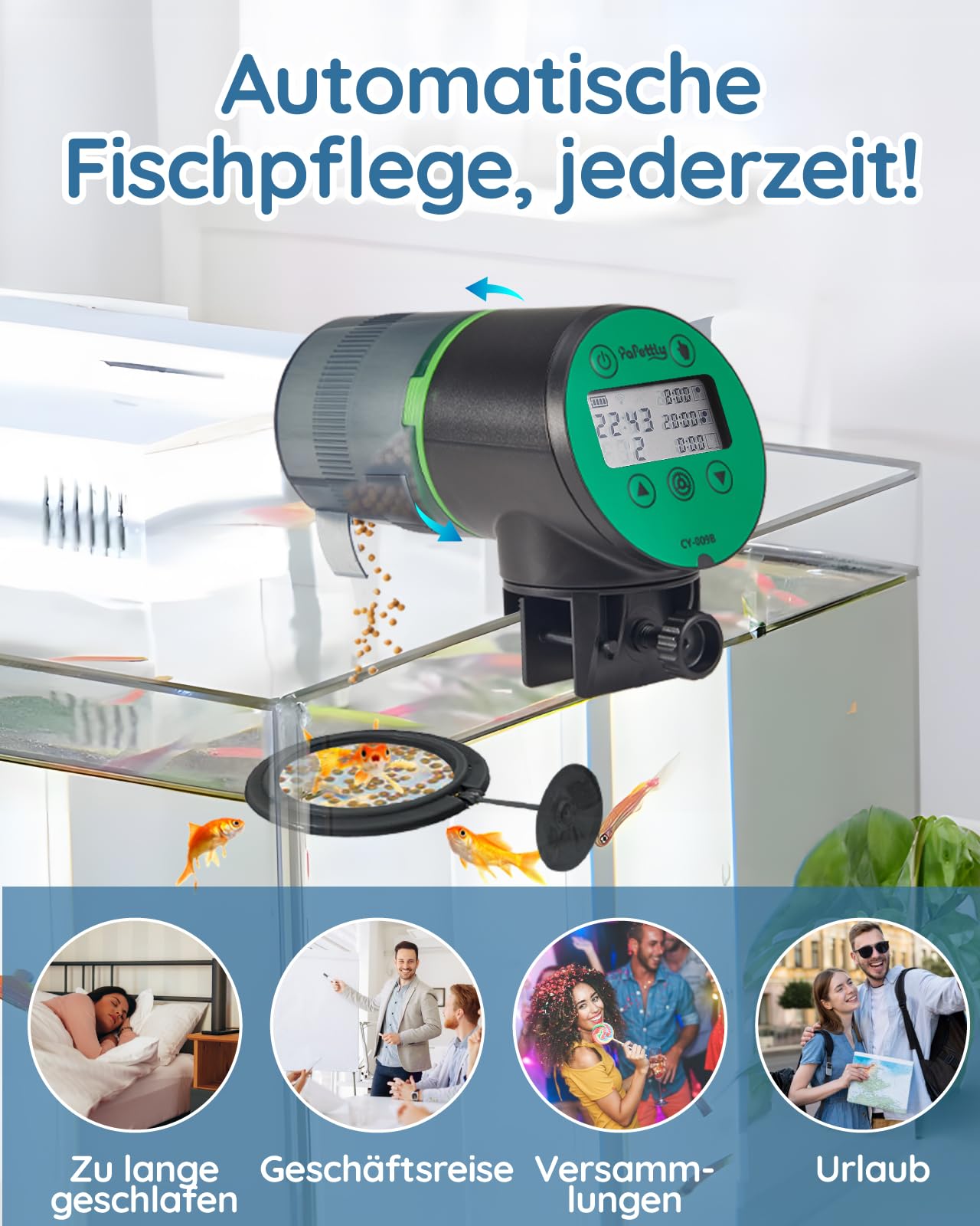 Papettly Futterautomat Aquarium, Automatischer Fischfutterautomat für Aquarium mit Batteriebetrieben, Fische Fischfutterspender 200ml, 2 AAA-Batterien im Lieferumfang enthalten, Fischfutterschwimmring