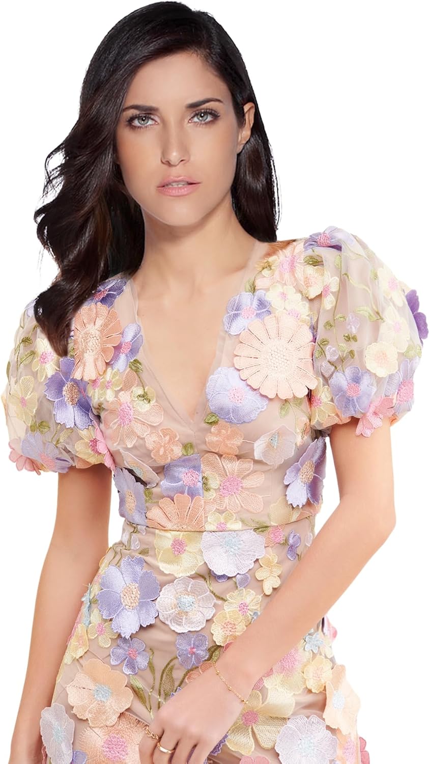 Women's Floral Embroidery Mini Dress Wedding Guest Dress Puff Sleeve V-Neck Lace Bodycon Evening Party Cocktail Dress