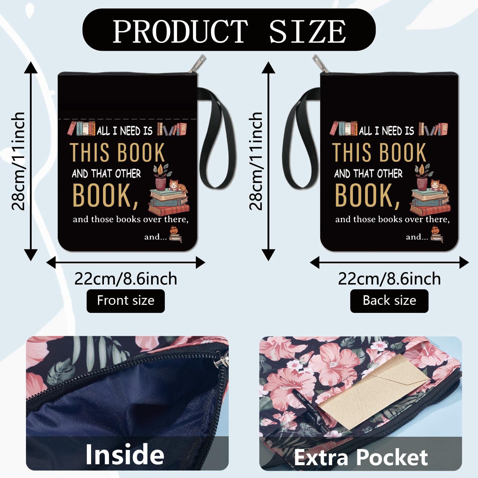 Pochette De Livre Chat Noir - Tissu Lavable Imperméable - 28x22 Cm - Avec Poche Avant Et Fermeture éclair