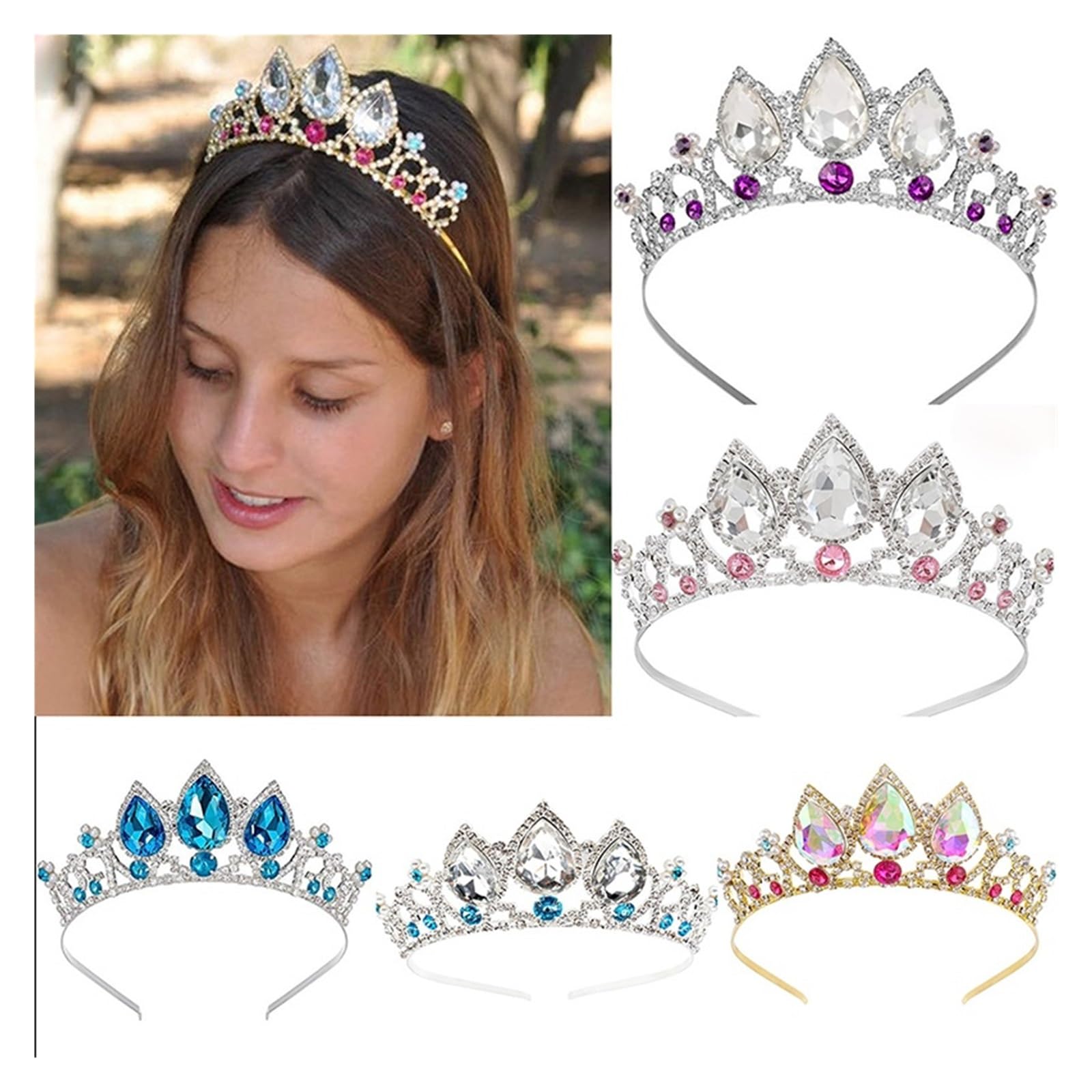 Corona Corona Tiara Diademas de Moda Coronas de no Gotas de Agua Cristal Tiara Boda fotografía Accesorios for el Cabello Accesorios adecuados(D)