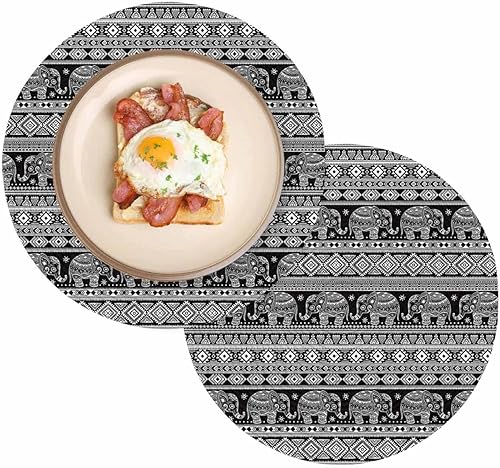 Juego de 2 manteles individuales redondos con diseño de rayas geométricas bohemias, lavables, manteles individuales bohemios, tribales, elefantes,