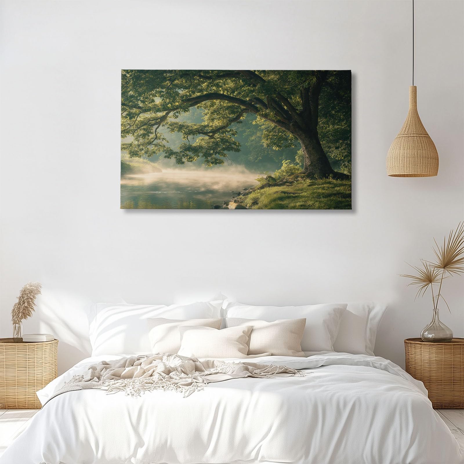 Generisch Natürlich Nebelwald Bäume Berge Modernes Leinwandbild 120L x 80B cm mit Rahmen, Landschaft XXL Wanddeko für Wohnzimmer Geschenk Idee Einzug - Hochwertiger Kunstdruck auf Holzrahmen