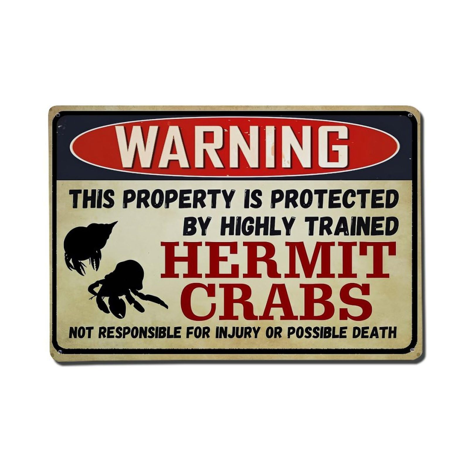 Jdfenggu Vintage Warning Hermit Crabs Property Protection Sign Retro Metal Tin Sign, Metal Poster For Bar, Home, Man Cave, Kitchen, Laundry Room Art Decor 8X12 Inch