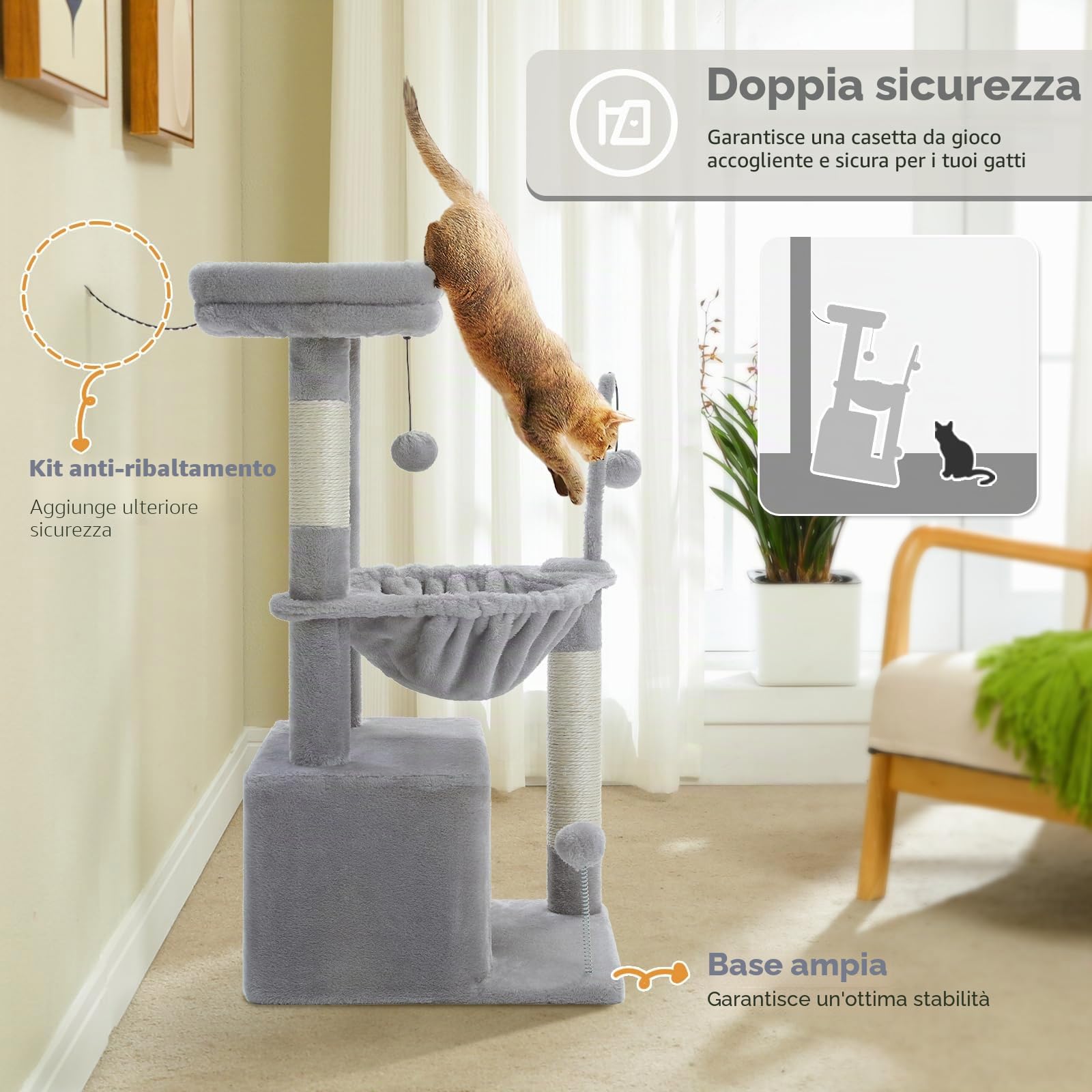 PAWZ Road Albero per gatti da interno con condominio super grande, torre per gatti con tiragraffi, grande amaca, palla penzolante e posatoio superiore, 79 cm, grigio