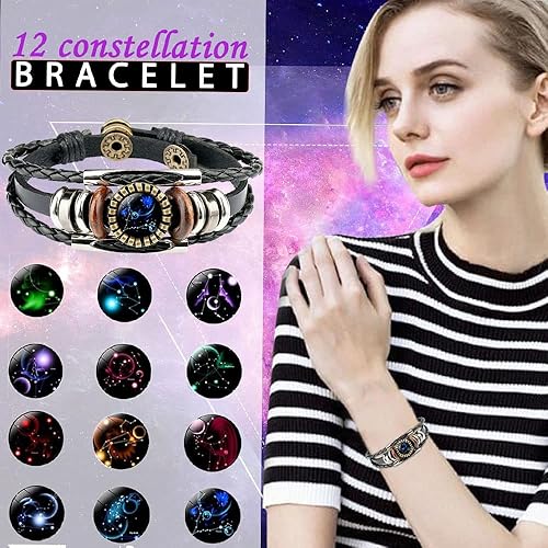 Miniatura 7 de Pulsera del zodiaco para mujeres y hombres, pulsera de cuero trenzada de 12 constelaciones, pulseras para parejas