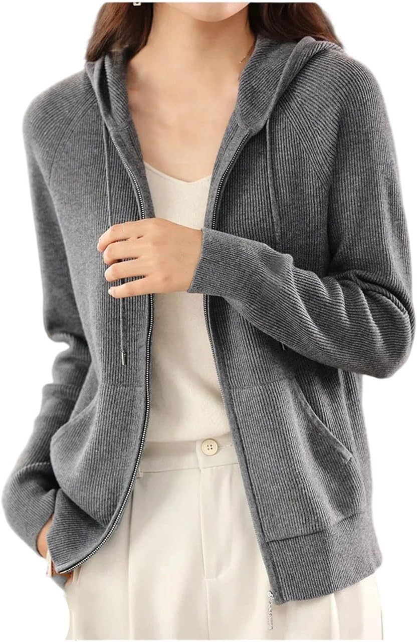 Women's Loose Long Sleeved Hooded Sweater, Versatile Zipper, Slim Fit with Pockets, Warm Streetwear Top