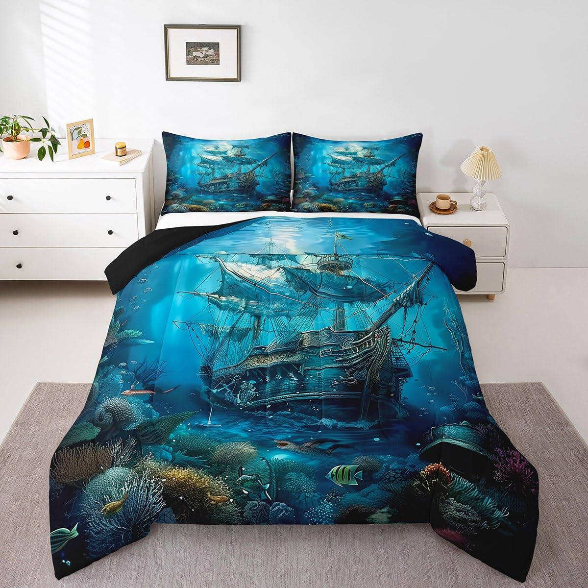 Erosebridal Kids Sailboat Comforter Set King,Pirate Sail Boat Bedding Set for Boys Girls Room Decor,Teal Nautical Marine Quilt Bed Set Coastal Sailing