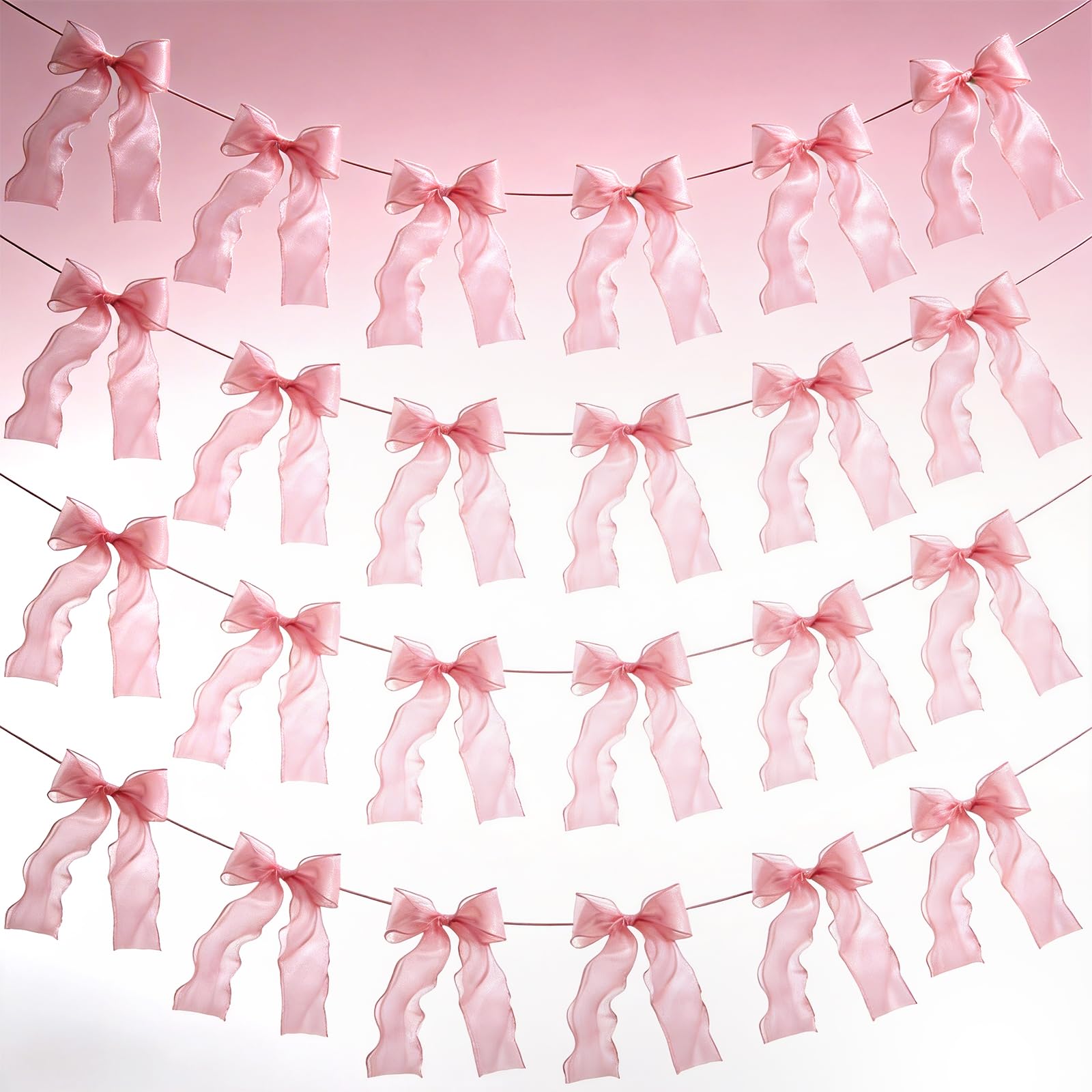 Pink Bow Decorations - 24PCS Net Bows for Birthday Party, Lightweight Adjustable Ribbon Banners for Wedding Baby Shower Decorations