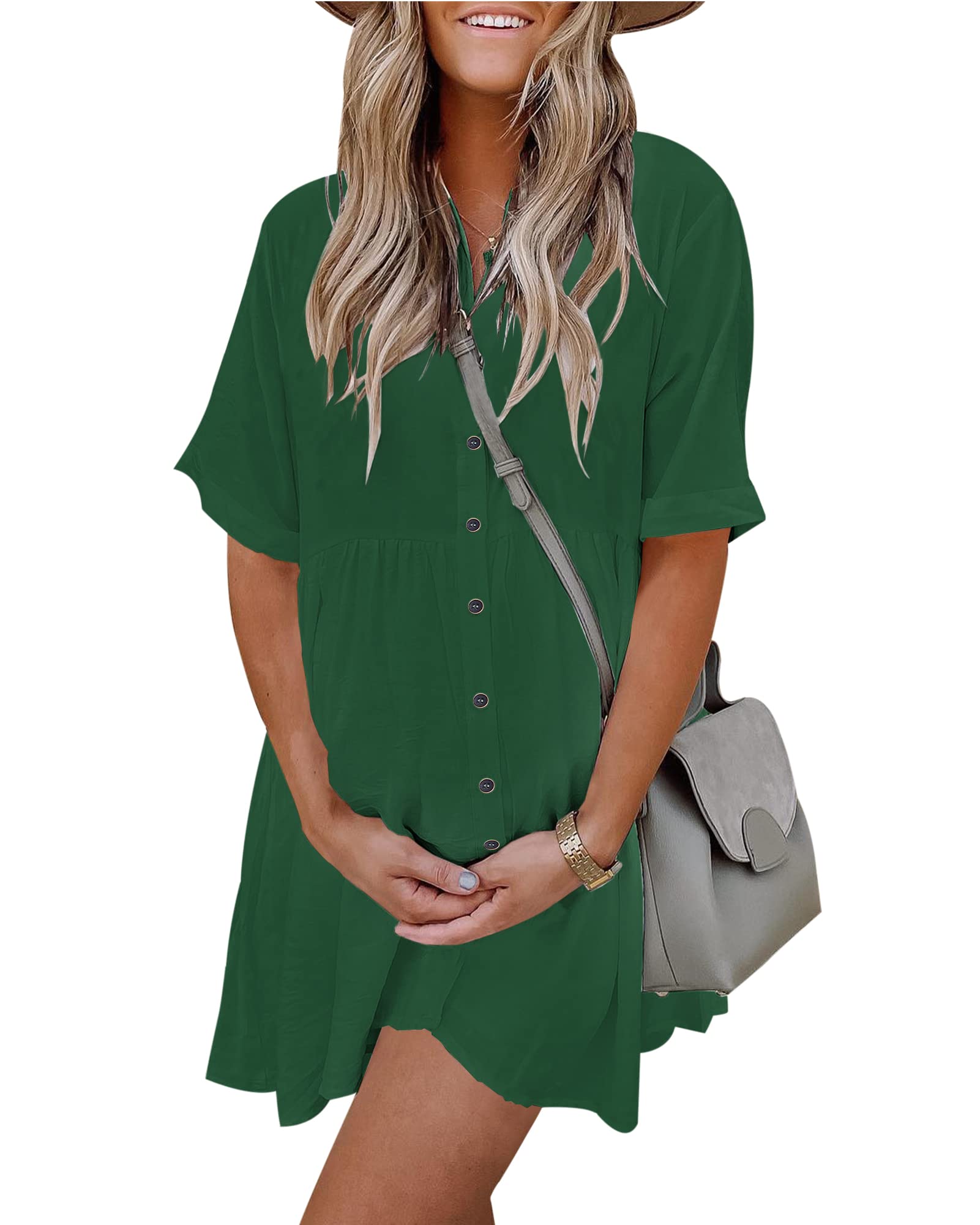 PYGFEMR Women's Short Sleeve Babydoll Dress Button Down Dresses with Pockets