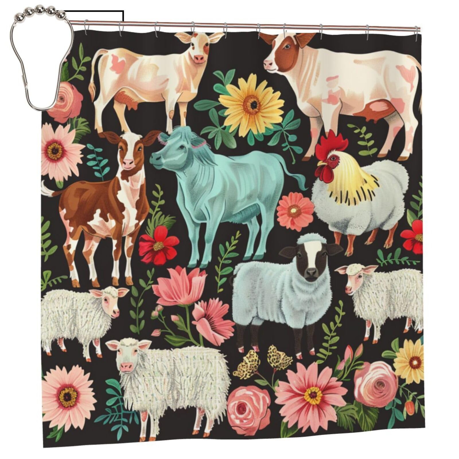 BWWHCCTI Farm Animal Printed Shower Curtain With 12 Iron Hooks Opaque Quick Drying Waterproof Shower Curtains Sets For Bathroom 183x183 CM