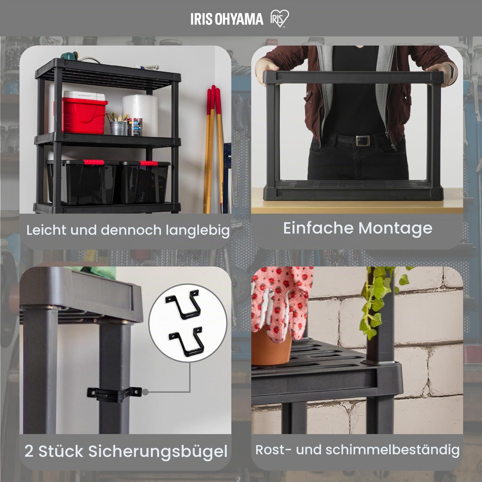 Iris Ohyama, 2er-Set Robustes steckregal Kunststoff, jeweils bis 100 kg, Schnelle Montage ohne Werkzeug, 4 Böden, schwerlastregal, kunststoffregal Schwarz, PRS-M4