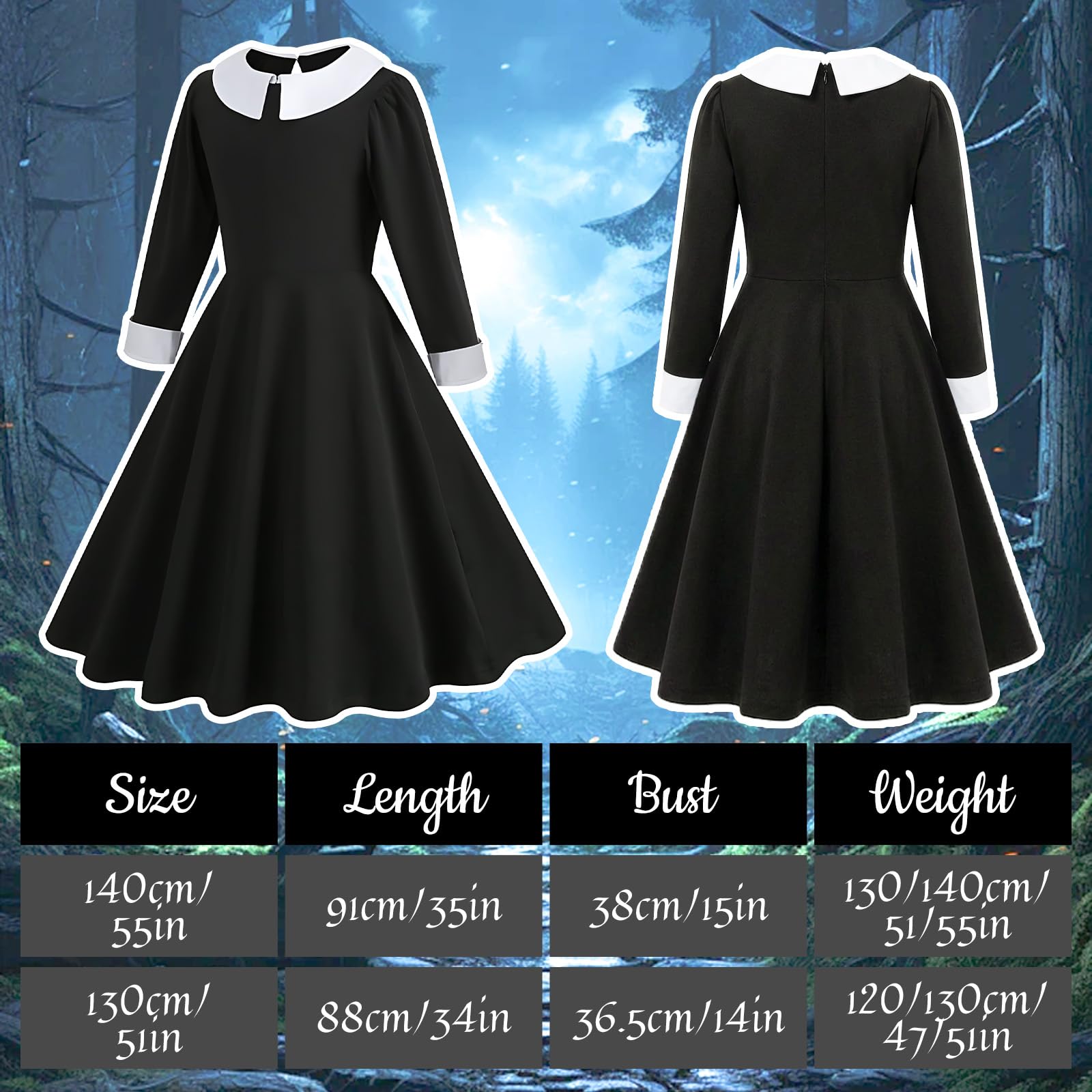 YAEGIMHT 5PCS Black Gothic Princess Costume Set for Girls Kids Fancy Dress Outfit with Skirt, Wig, Socks - Image 2