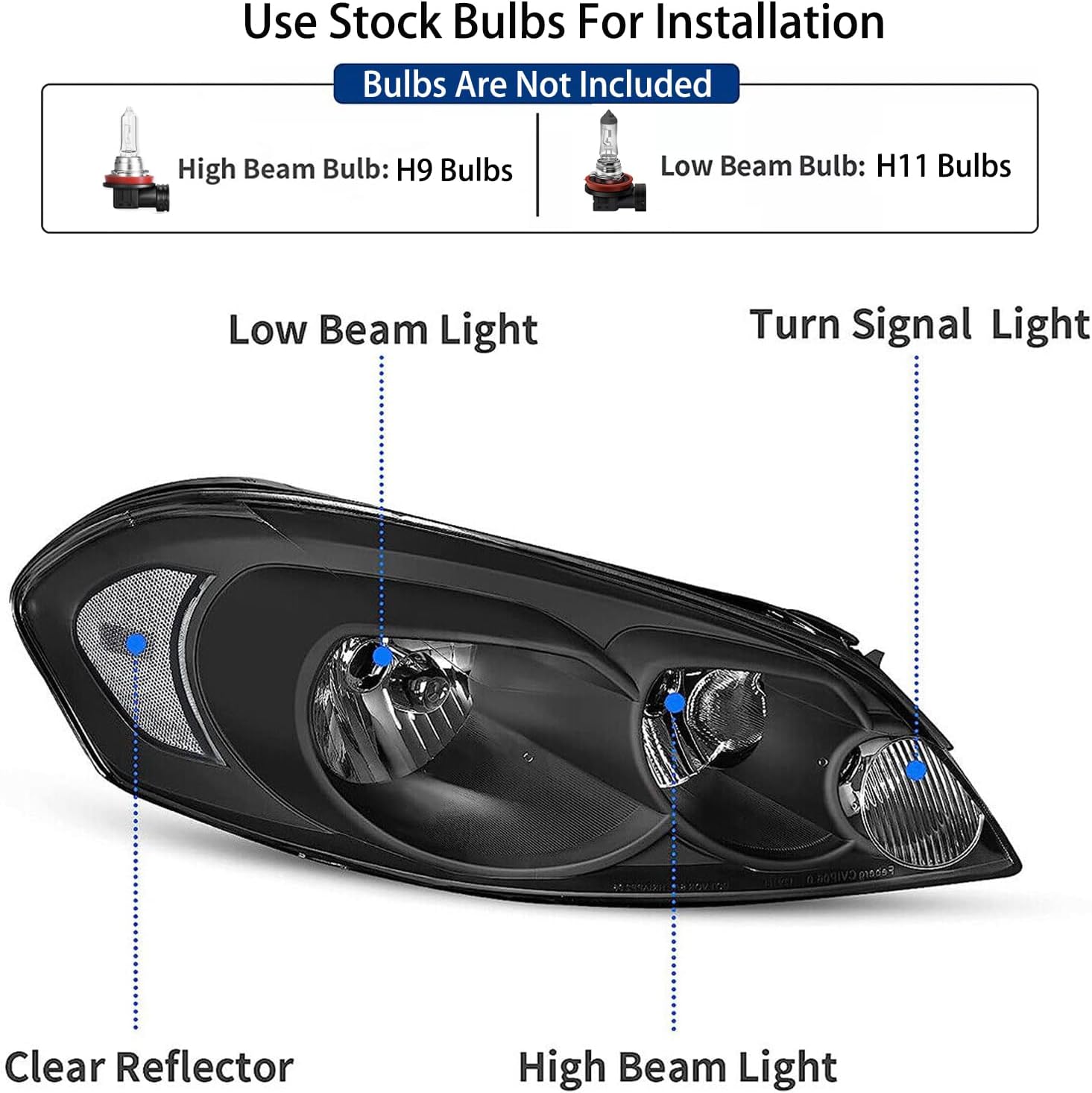 2PCS Headlight Assembly For 2006-2013 Chevy Impala LS LT LTZ For 2014-2016 Chevy Impala Limited For 2006 2007 Chevy Monte Carlo LS LT SS Coupe Replacement Headlamps Black Housing Clear Reflector