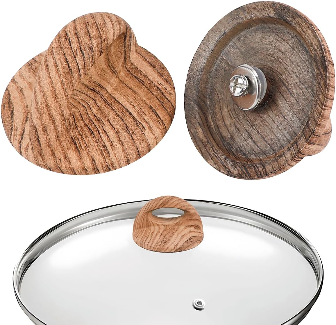 DOERDO 2Pcs Pot Lid Wood Knob, Universal Pot Lid Replacement Knobs, Pan Lid Holding Handle with Screws, Pot Cover Grab Handle for Kitchen Glass Lid Pan Pot