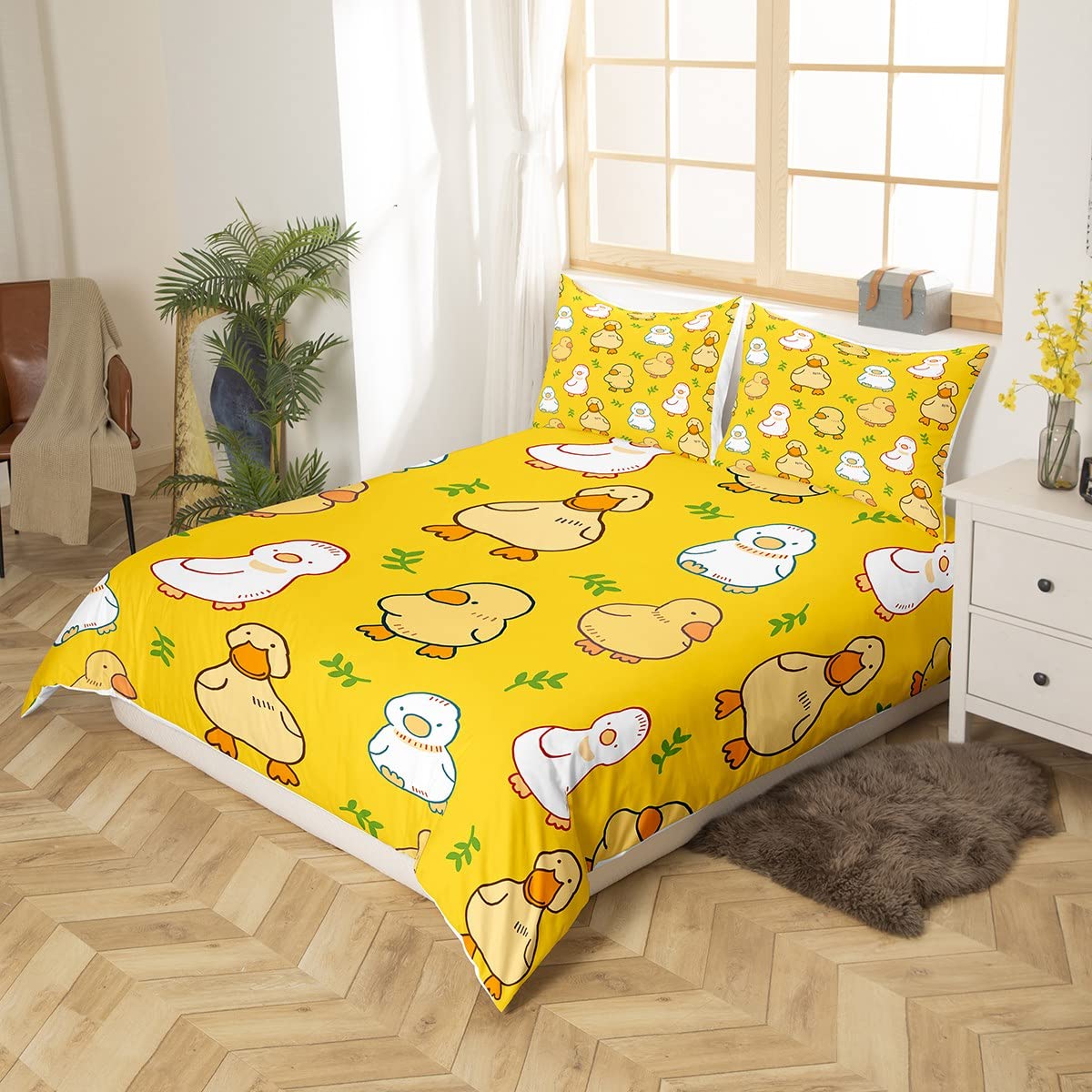 Homewish Cartoon Duck Duvet Cover for Kids Boys Girls,Lovely Yellow Duck Comforter Cover Set,Cute Hand Drawn Goose Bedding Sets King,Lovely Farmhouse Animal Quilt Comforter with 2 Pillowcase - Image 3