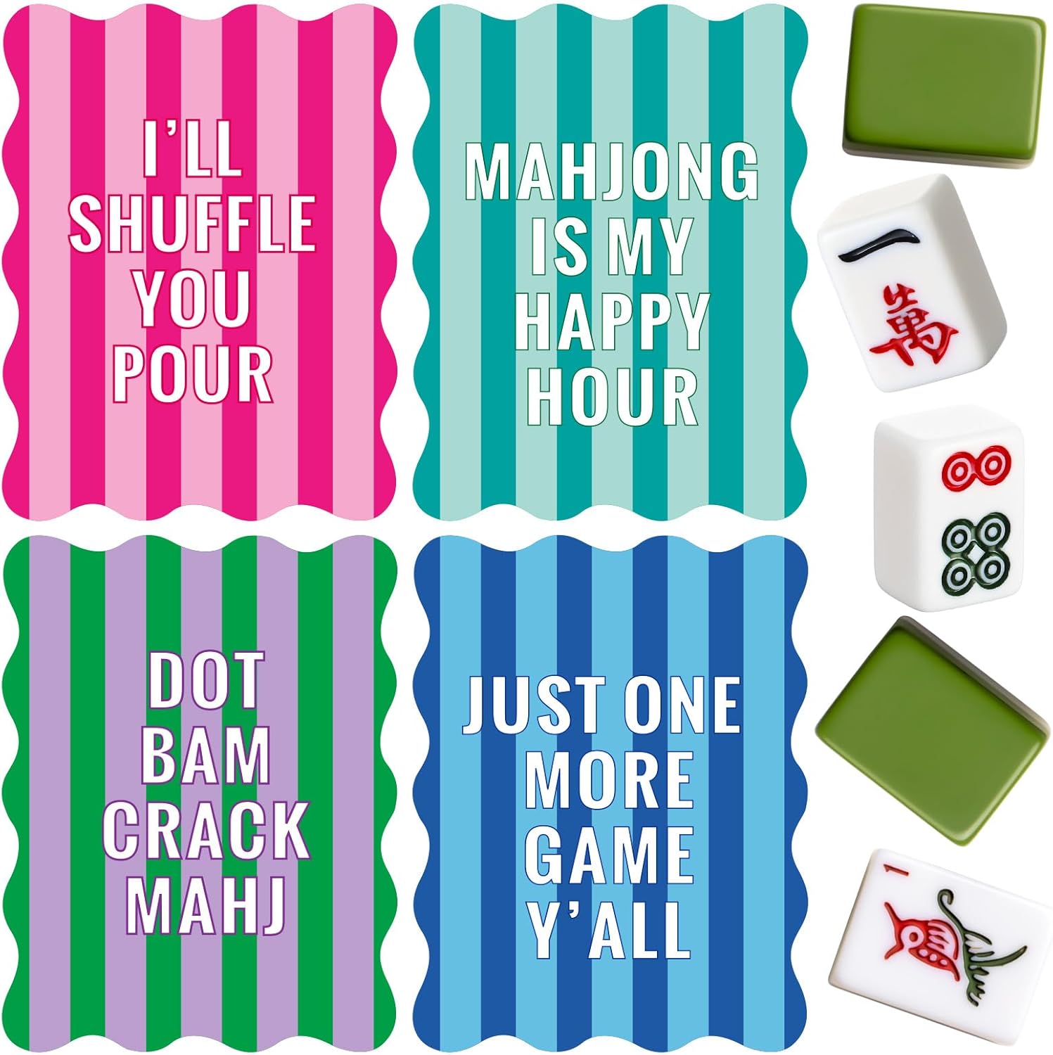 Maitys 4 Pcs Color Mahjong Shuffler Cards with Funny Sayings for Mixing Shuffling Tiles Thick PVC Shufflers with Wavy Scalloped Edges Mahjong Accessories Gifts for Lovers Playing (Colorful,Striped)