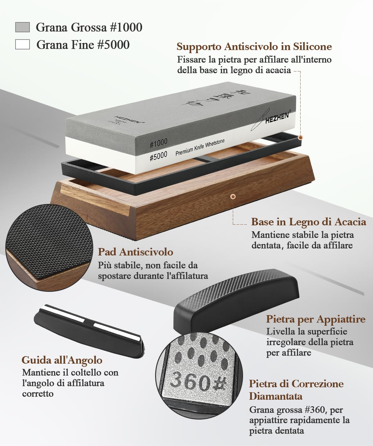 HEZHEN Pietra Affilacoltelli Professionale, Pietra per Affilare al Corindone Bianco, Doppia Faccia Grana1000/5000, con Guida Angolare, Base in Legno