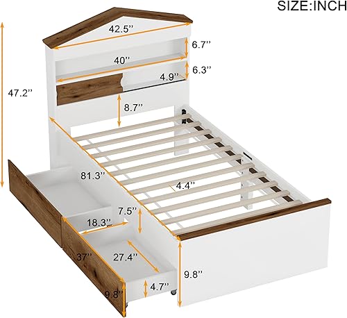 Miniatura 92 de Moderna plataforma de tamaño matrimonial con cabecera de almacenamiento y barandilla de seguridad para niños, plataforma de madera funcional con luz
