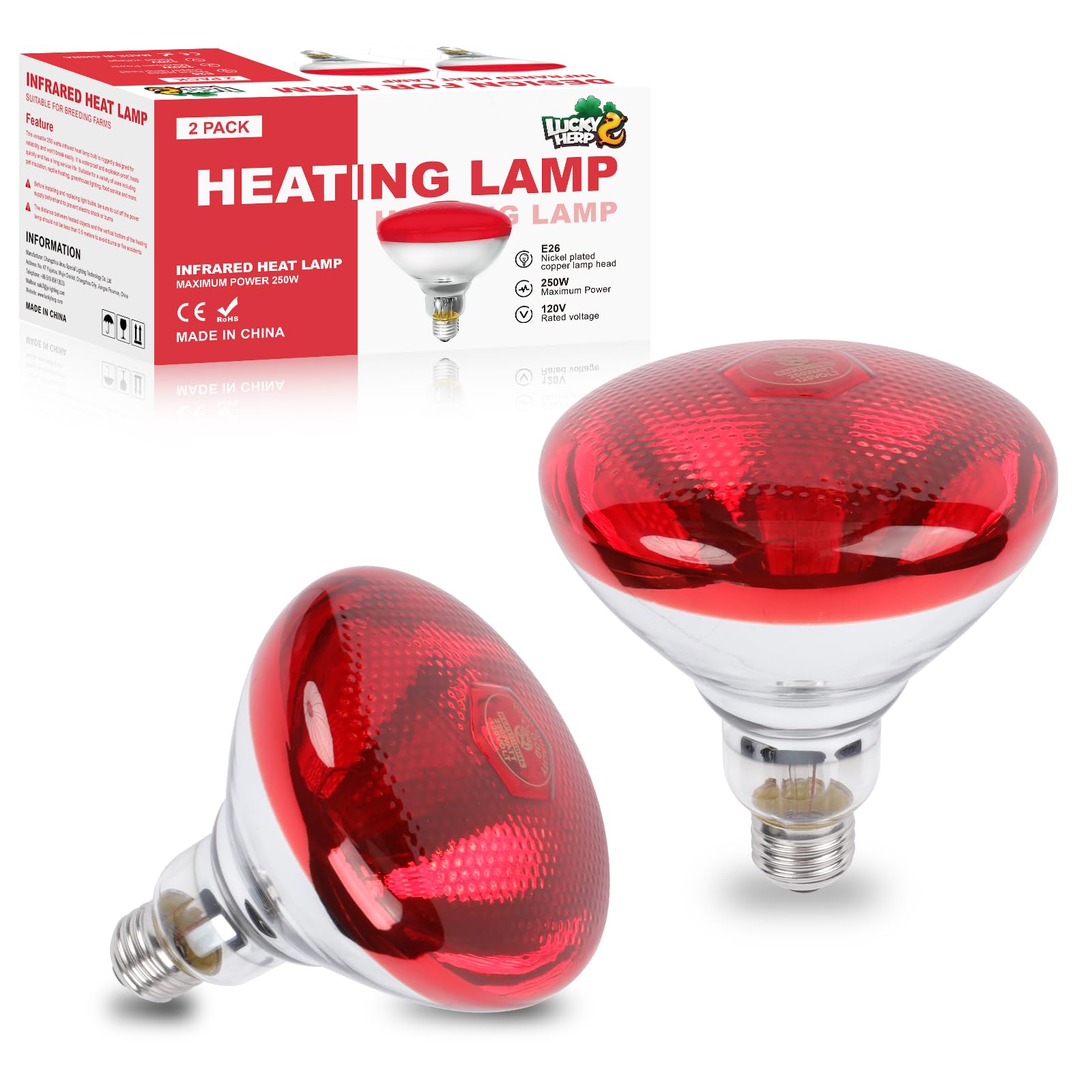 LUCKY HERP Infrared Heat Lamp for Chickens, 250 Watt Red Heat Lamp Bulb, 2 Pack Heat Light Bulb, Brooder Heat Lamp for Chicks Coop, Reptiles, Amphibian, Pet, Food Service