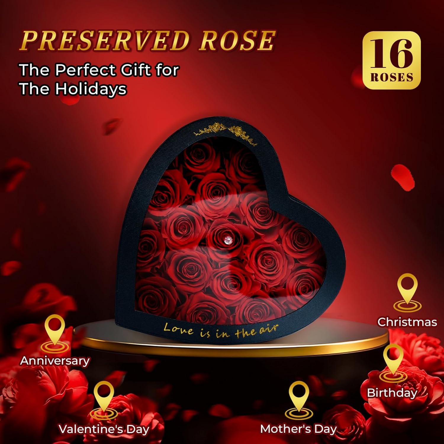 Forever Red Roses in a Heart Shaped Box 16 Preserved Flowers for Delivery 100% Real Quality Immortal Flower Eternal Birthday Graduation Gifts Home Deco for Her Mom Women Wife Girlfriend (Heart-Red) - Image 3