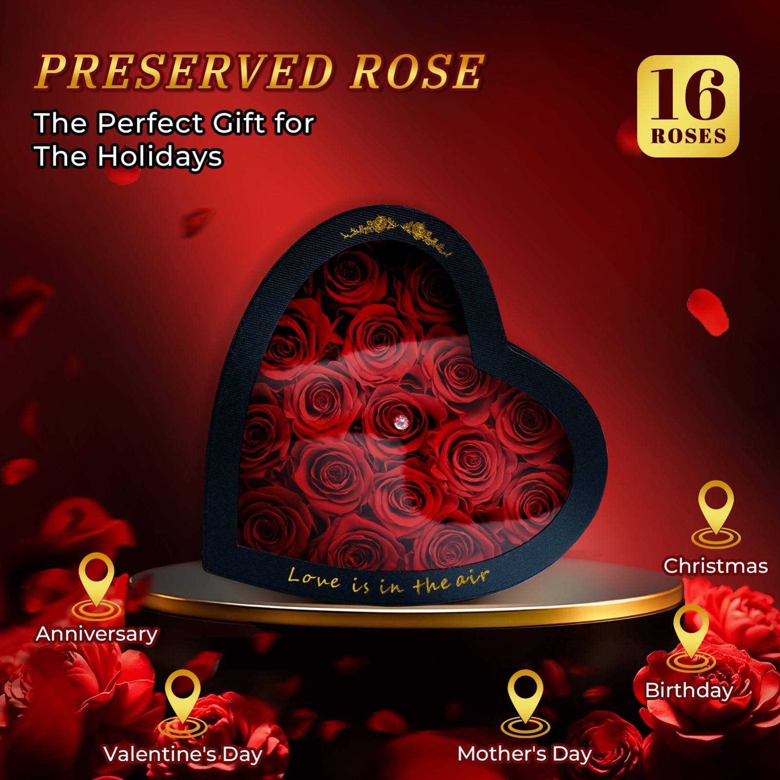 Vryblos Forever Red Roses In Heart Box - 16 Preserved Real Roses Gift For Her