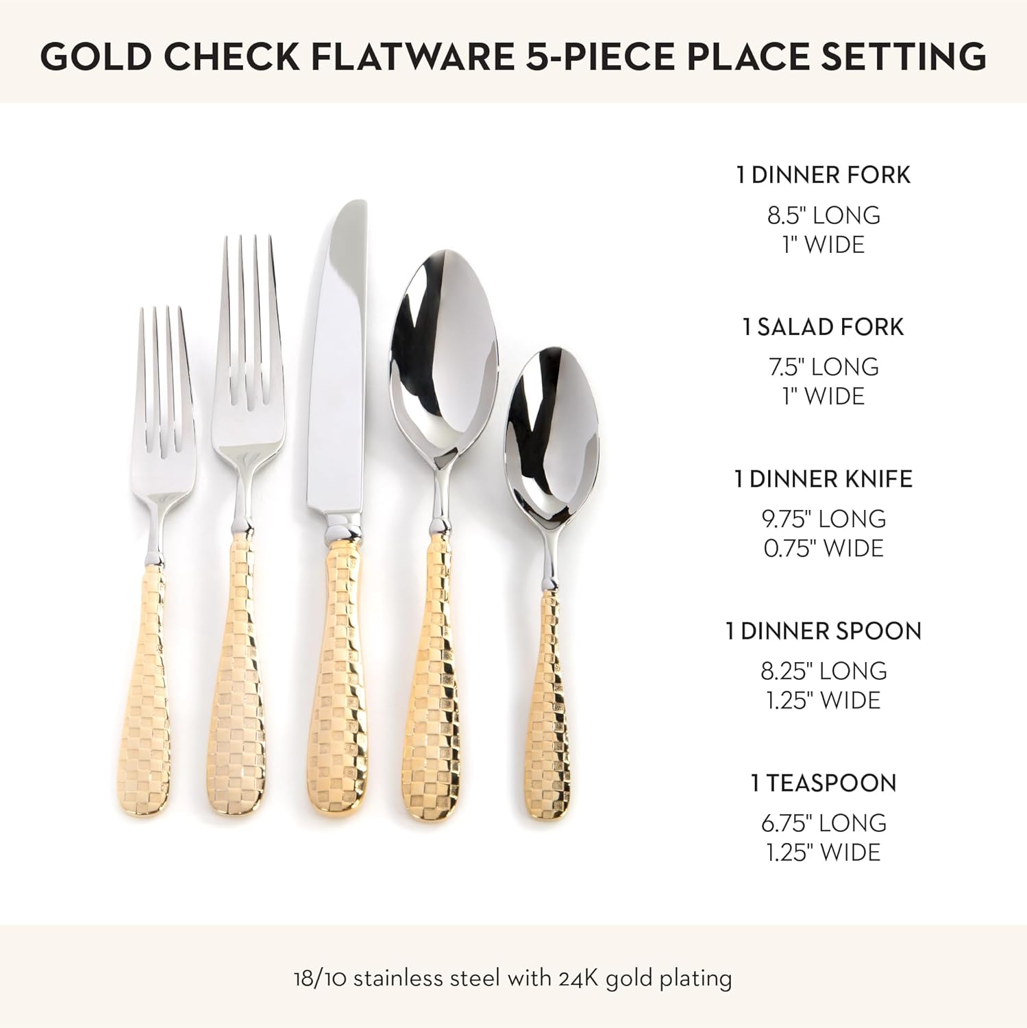 MACKENZIE-CHILDS 5-Piece Flatware Set, Cute Silverware Set with Salad Fork, Dinner Fork, Knife, Spoon, and Teaspoon, Gold Check