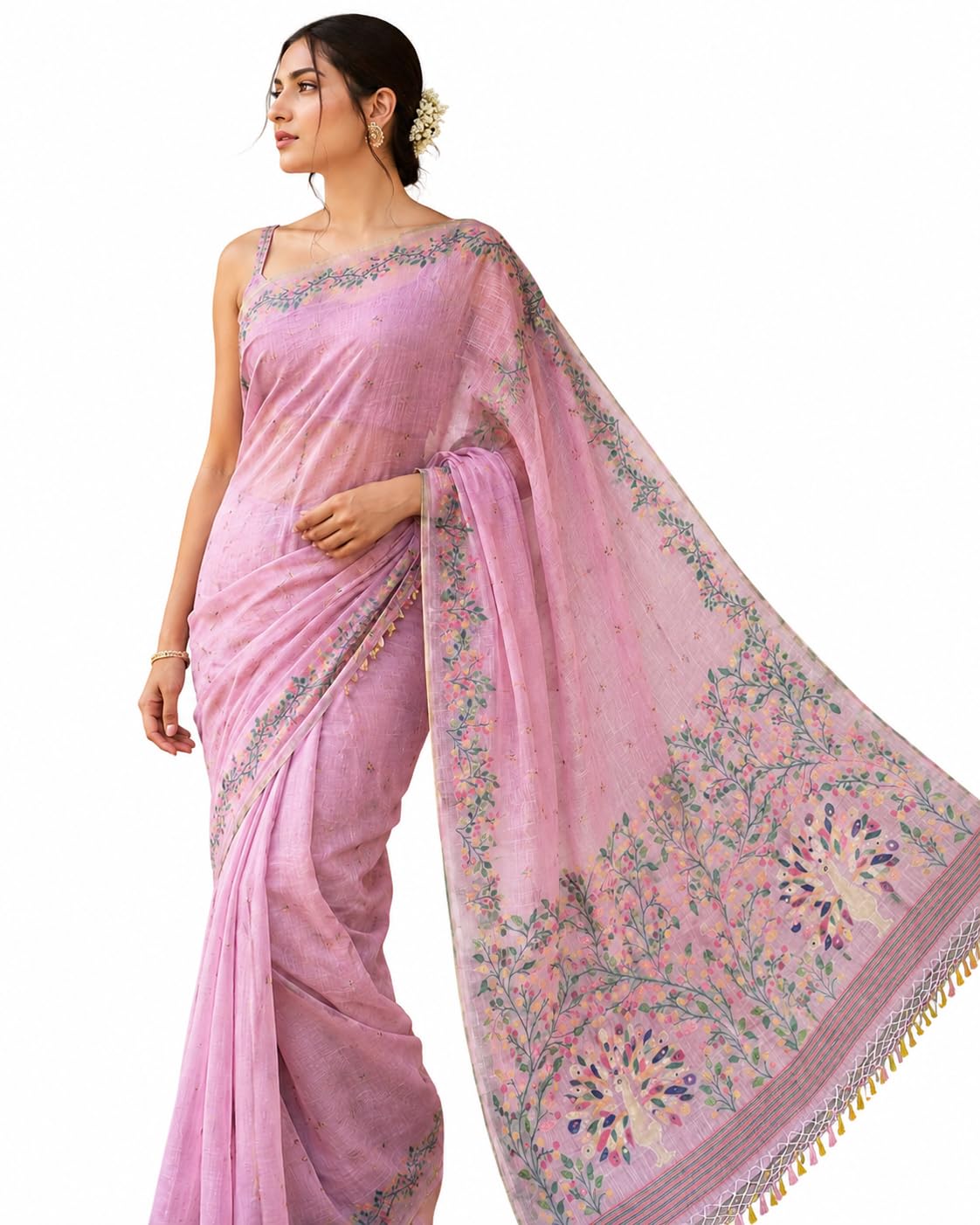 Women's Soft Linen Blend Saree with Floral Thread Embroidery, Peacock Motif Pallu, Zari Border and Unstitched Blouse Piece-image-46