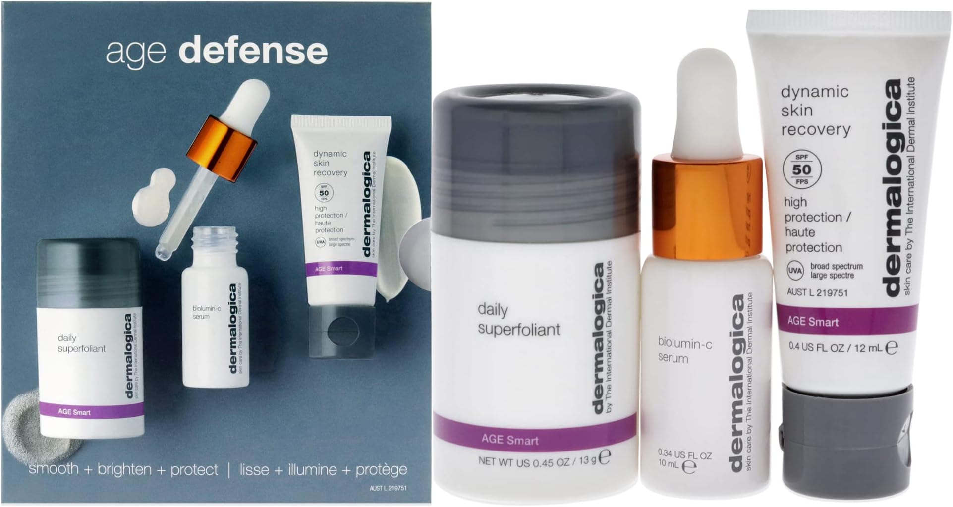 Dermalogica Age Defense Kit - Resurfaces, Brightens, And Firms - Contains Daily Superfoliant 13ml, Biolumin C Serum 10ml, Dynamic Skin Recovery SPF50 11ml, Morning & Night, Travel Size Kit