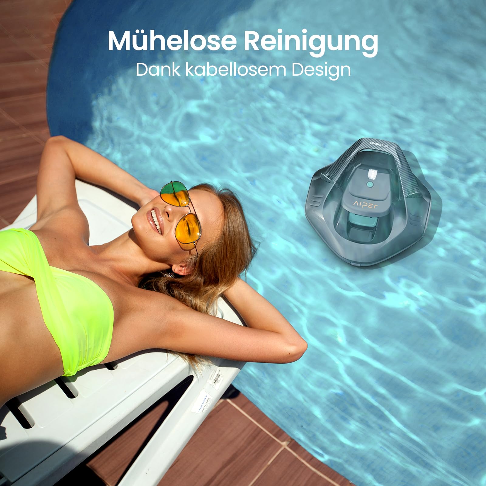 AIPER Poolroboter, Poolsauger Akku Kabellos hält 90 Minuten, LED-Anzeigeleuchten, Automatisches Parken, Perfekt für Oberirdische/Unterirdische Flache Pools bis zu 80 m²