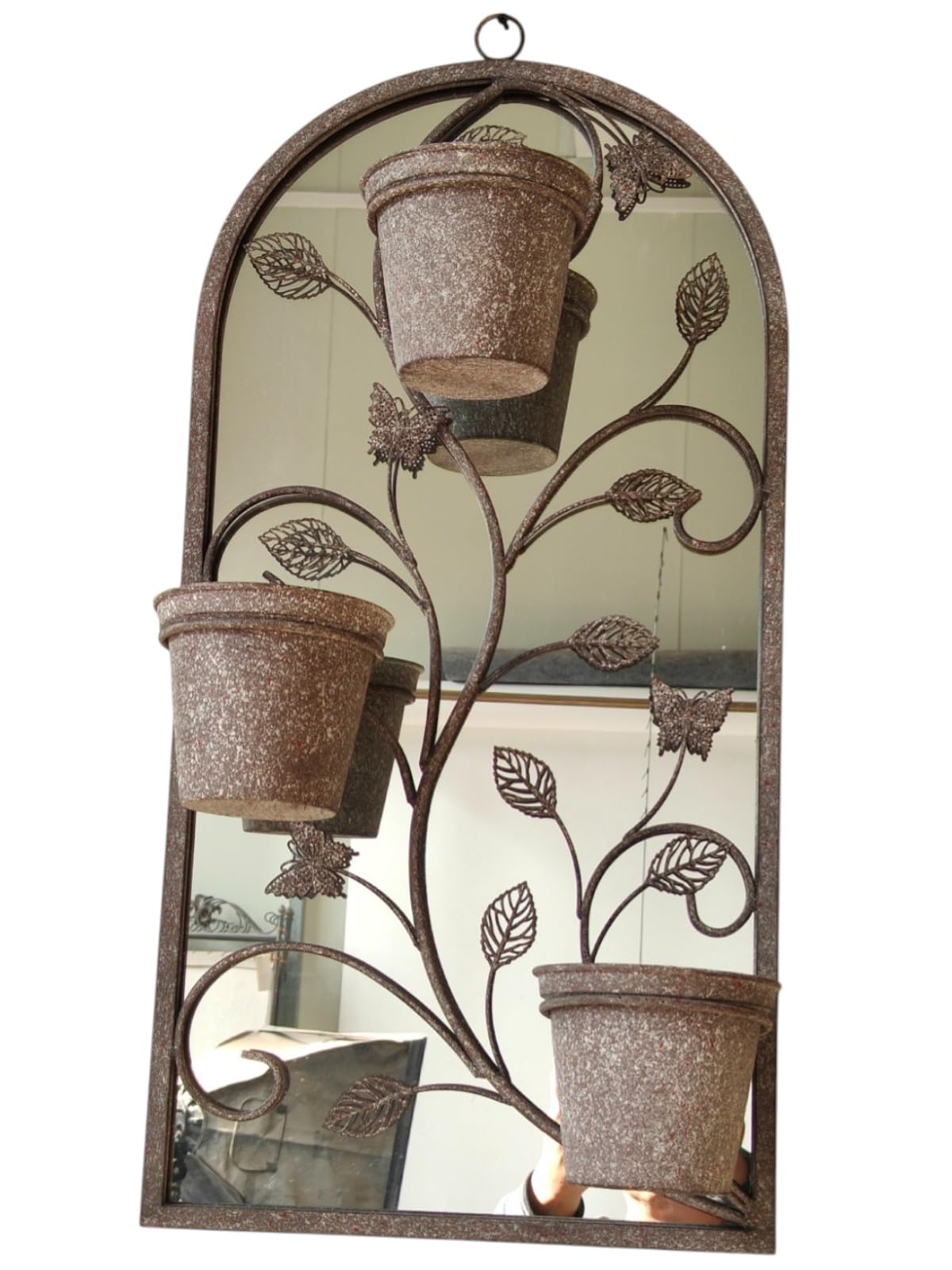 AcaciaHome Durable Rusty 70cm Metal Wall Mirror with Triple Planter Holders, Vintage Arched Garden Mirror with 3 Flower Pots, Rustic Industrial Farmhouse Wall Décor for Patio, Balcony, Hallway