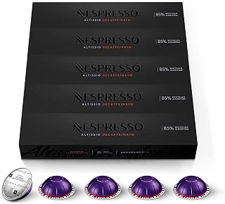 Nespresso Vertuo Altissio Decaffeinato Pods: Bold Dark Roast Decaf Espresso, Creamy Cereal Notes, 50-Count 1.35oz Brews
