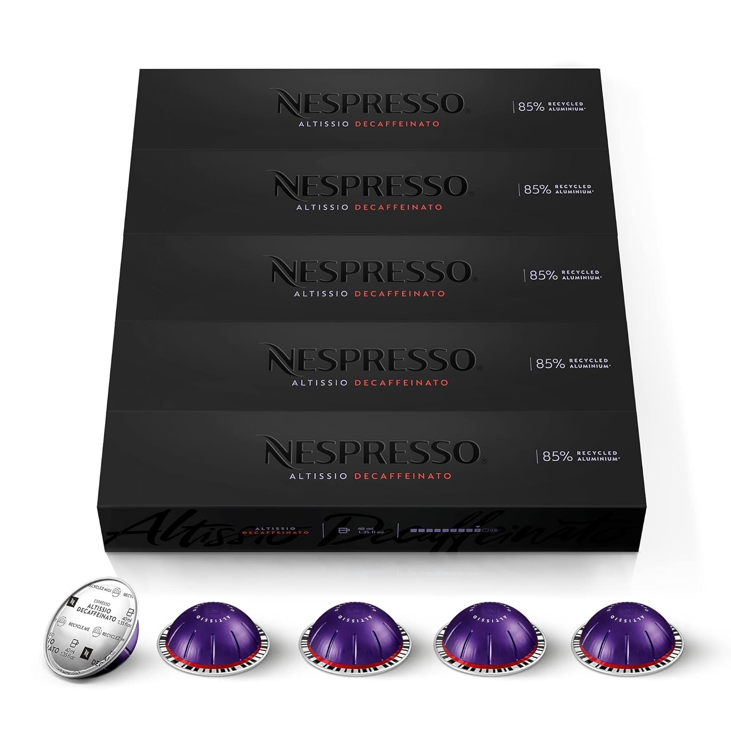 Nespresso Vertuo Altissio Decaffeinato Pods: Bold Dark Roast Decaf Espresso, Creamy Cereal Notes, 50-Count 1.35oz Brews