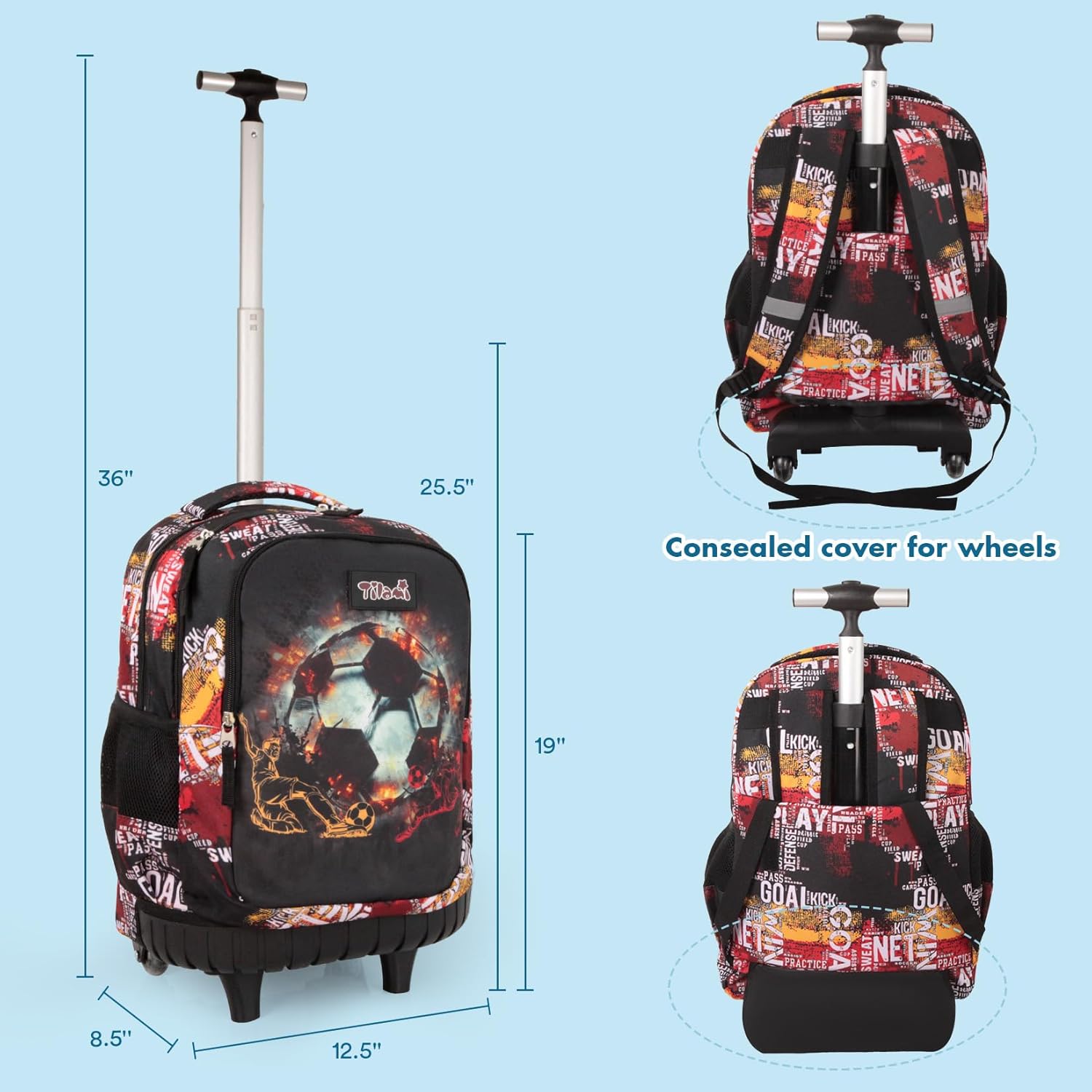 Tilami Rolling Backpack for Boys and Girls,Soccer