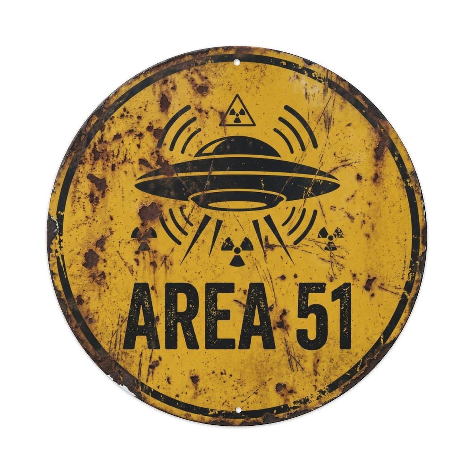 Vintage Alien Area 51 Cosmic Radiation Metal Tin Sign Plaque Wall Decor for Cafe, Club, Garden Round Metal Poster 8x8Inch