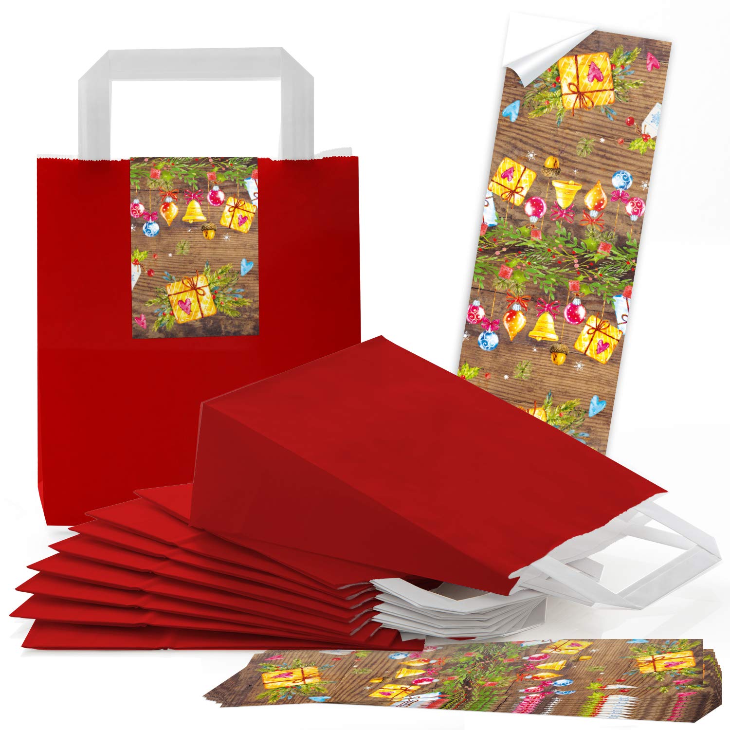Borse carta rosse con manici, 100 pezzi: sacchetti kraft regalo con fondo rinforzato, buste grandi per confezioni fai da te, imballaggio creativo alimenti, confezione bomboniere, 18 x 8 x 22 cm