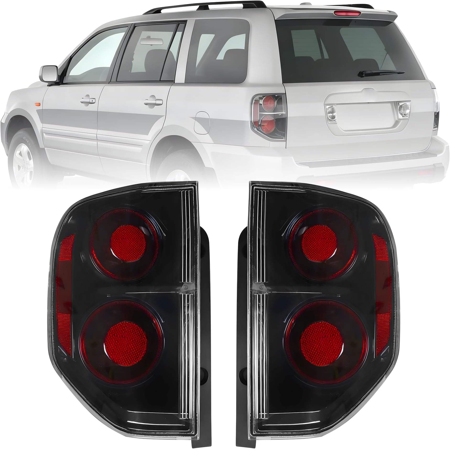 Compatible with 2003-2008 Honda Pilot SUV Facelift JDM Style Black Housing Light Shade of Smoke Lens Rear Tail Lamps Set (Left + Right) Driver & Passenger Side