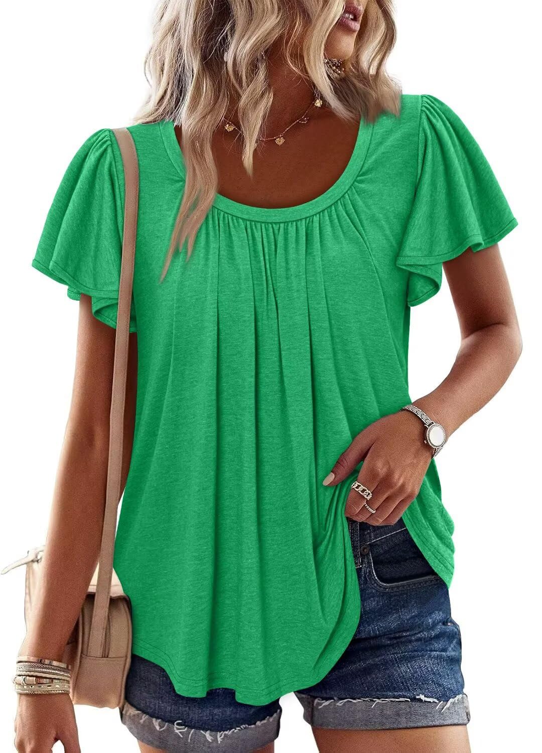 KISSMODA Womens Short Sleeve Tops Floral Boho Shirts Casual Floral Crew Neck Tunic Shirts Summer Ruched Blouse