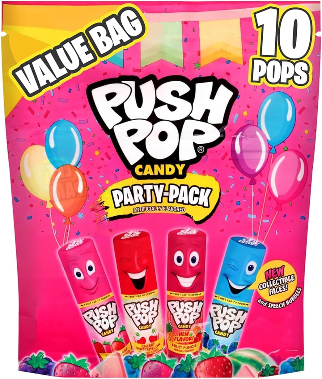 Push Pop Lollipops, Hard Candy Variety Pack, 10 Count Lollipops Individually Wrapped in Fruity Flavors, Full Size, Fun Candy For Pinatas, Birthdays, Party Favors & Gifts for Kids