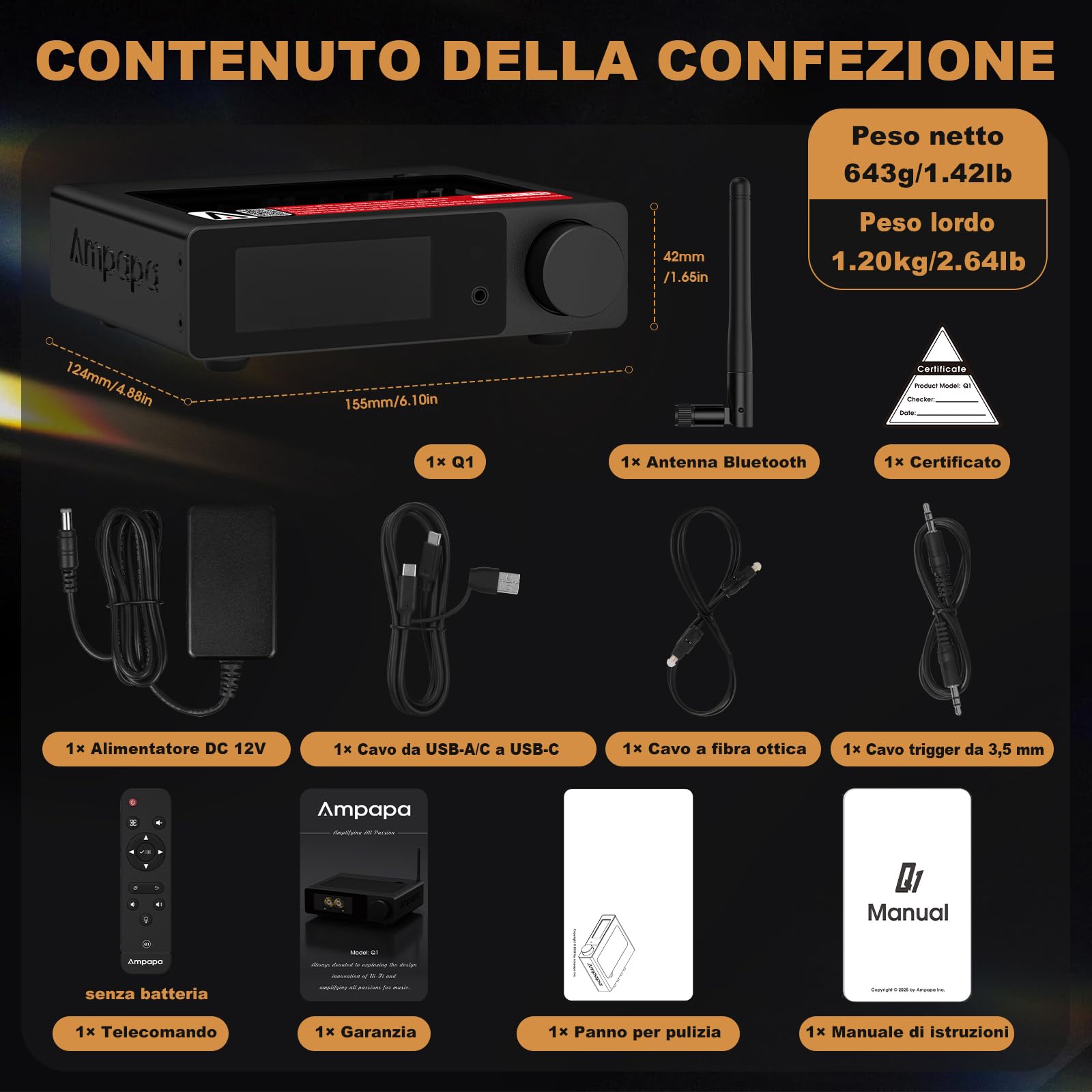 Convertitore Digitale-Analogico Ampapa Q1: DAC USB HiFi 768kHz/32bit DSD512, Amplificatore Cuffie Bluetooth 5.2 APTX-HD con ESS9039+AK4493 per Amplificatori Stereo Domestici e Ascolto da Scrivania