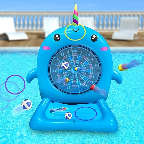 Dollox Juguetes de piscina para niños Juego de mesa de dardos flotante grande de 45 pulgadas, lindo juguete inflable de delfín para jugar en
