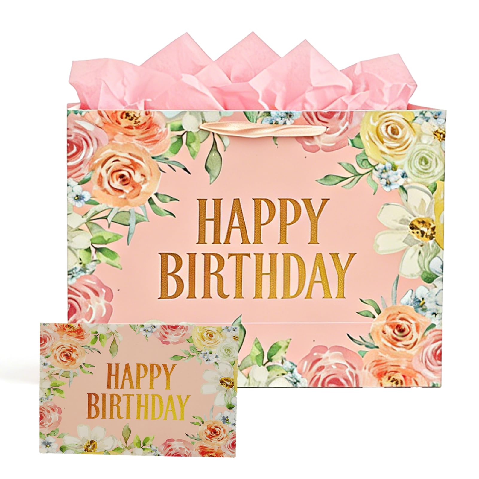 LUCTHY Large Birthday Gift Bag with Handles, 3 Tissue Papers, Card, Pink-1